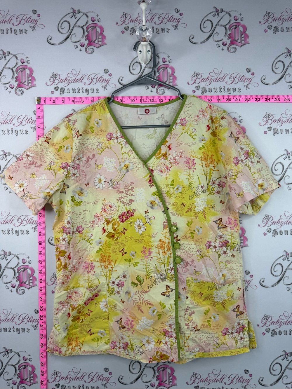 White Cross scrubs top butterfly Floral Print V-Neck Scrub Top in Yellow Pink